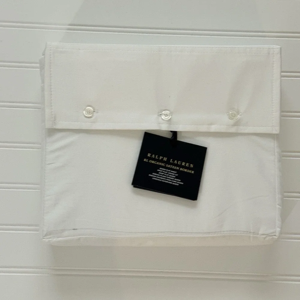Ralph Lauren RL 624 TC Organic Sateen Border Queen Flat Sheet White NWT $185